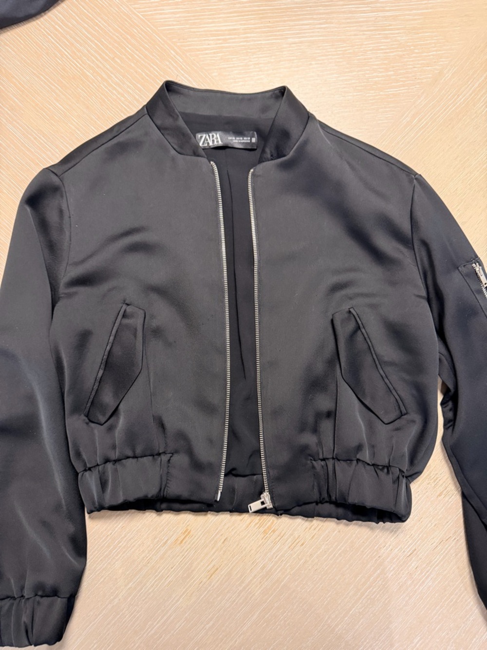 Zara Black Cropped Satin Bomber Jacket